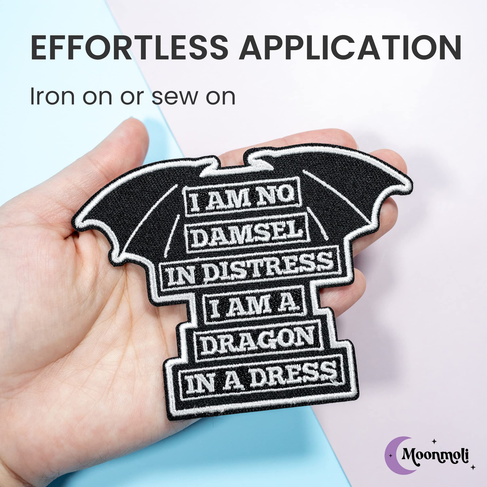 Moonmoli Embroidered Patches for Jackets, Feminist Design, I Am No Damsel In Distress I Am A Dragon In A Dress - Sew On or Iron On Patch for Clothes, Jeans, Pants, Denim, Bag, Hat - Punk Style, Black