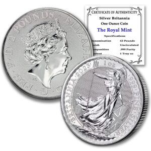 2023 1 oz british silver britannia coin by the royal mint brilliant uncirculated with certificate of authenticity £2 bu