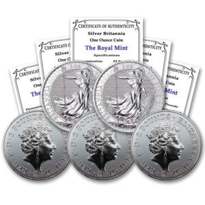 2023 lot of (5) 1 oz british silver britannia coins by the royal mint brilliant uncirculated with certificates of authenticity £2 bu