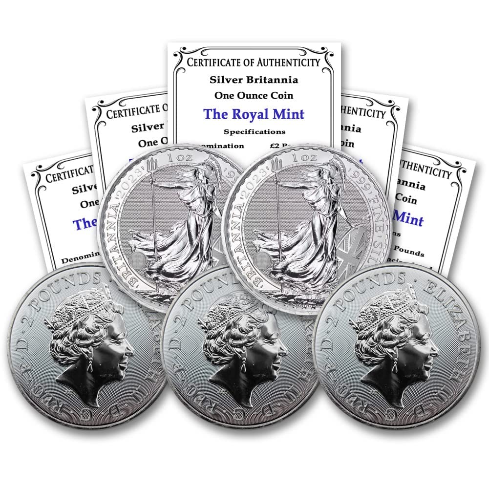 2023 Lot of (5) 1 oz British Silver Britannia Coins by the Royal Mint Brilliant Uncirculated with Certificates of Authenticity £2 BU