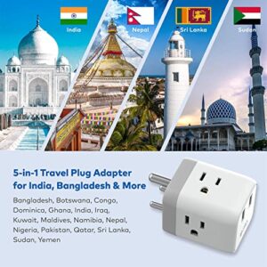 Flat Plug Power Strip - TROND 5ft Ultra Thin Extension Cord with 6 Widely Outlets and 3 USB Ports(1 USB C) + India to US Plug Adapter US to India Travel Plug Adapter 2 USB Ports 3 American Outlets