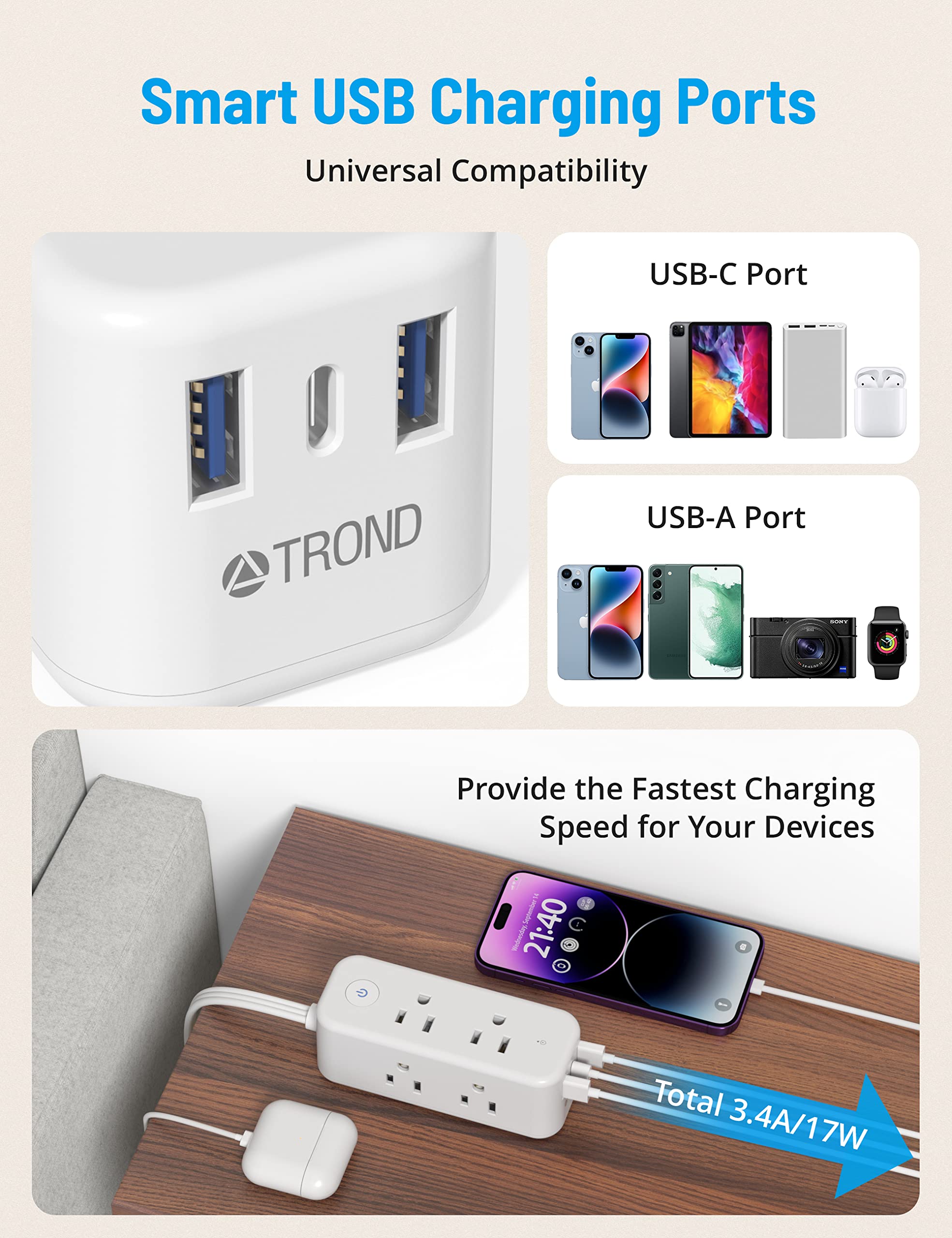 Flat Plug Power Strip - TROND 5ft Ultra Thin Extension Cord with 6 Widely Outlets and 3 USB Ports(1 USB C) + New Zealand Power Adapter - TROND US to Australia Power Plug Adapter with 2 USB Ports 3