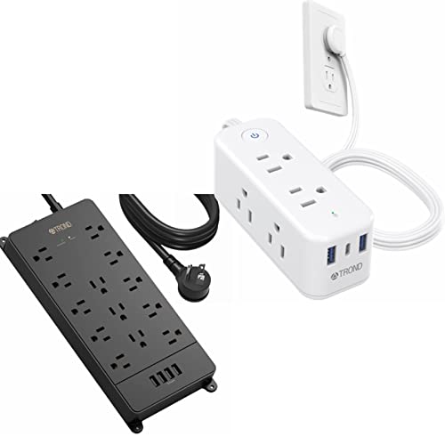 Flat Plug Power Strip - TROND 5ft Ultra Thin Extension Cord with 6 Widely Outlets and 3 USB Ports(1 USB C) + TROND Long Extension Cord 15 ft, 13 Widely-Spaced Outlets Expansion with 4 USB Ports