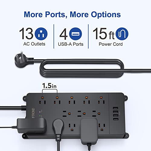 Flat Plug Power Strip - TROND 5ft Ultra Thin Extension Cord with 6 Widely Outlets and 3 USB Ports(1 USB C) + TROND Long Extension Cord 15 ft, 13 Widely-Spaced Outlets Expansion with 4 USB Ports