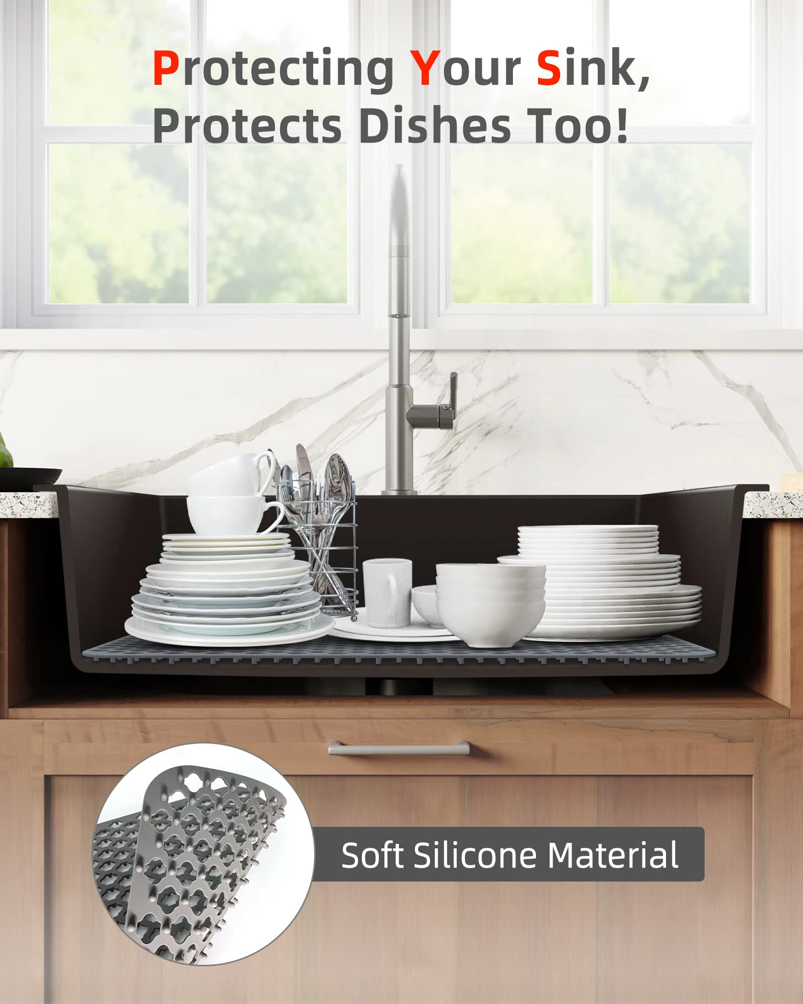 Makaduo Sink Protectors for Kitchen Sink, Silicone Kitchen Sink Accessories, Sink Mats for Stainless Steel Sink, Porcelain Sink, Large Folding Dish Drying Mat, Heat Resistant, Non-Slip, Grey