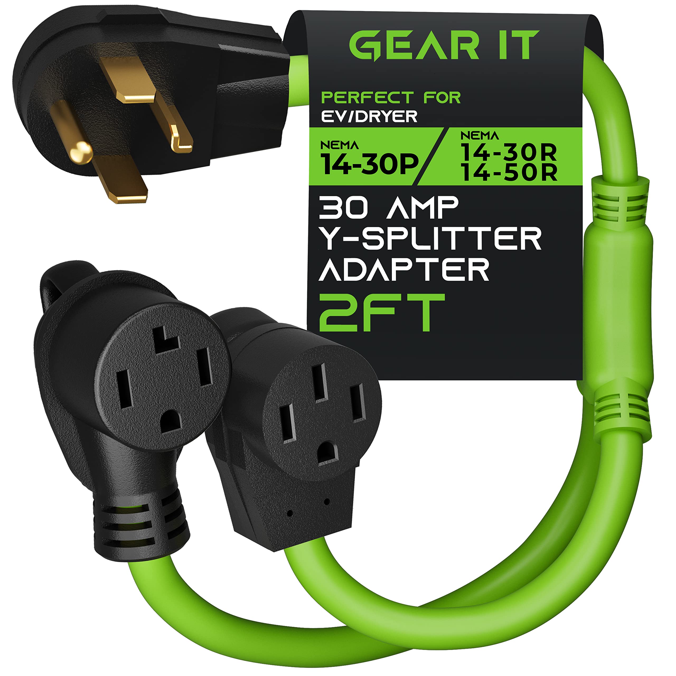 GearIT 30 Amp Dryer Y Splitter to RV/EV (NEMA 14-30P Male Plug to 14-30R / 14-50R Female Receptacle) 4-Prong Adapter Cord - 2.2 Feet