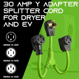 GearIT 30 Amp Dryer Y Splitter to RV/EV (NEMA 14-30P Male Plug to 14-30R / 14-50R Female Receptacle) 4-Prong Adapter Cord - 2.2 Feet