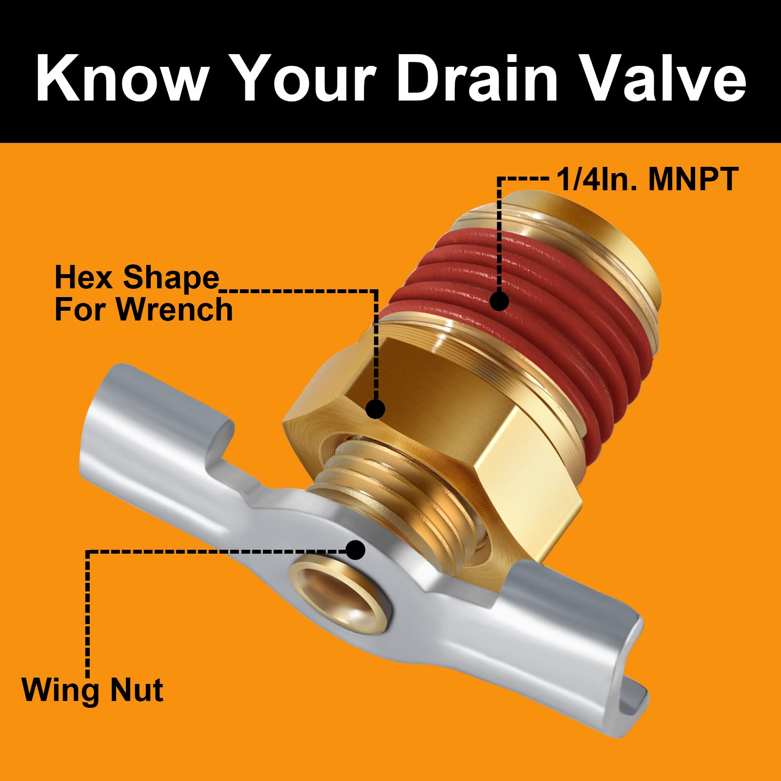 6Pc Drainage Valve with Wing Nut Handle, 1/4 NPT Inlet.SUNROAD Brass Winged Tank Drain Cock Wing Style Valve