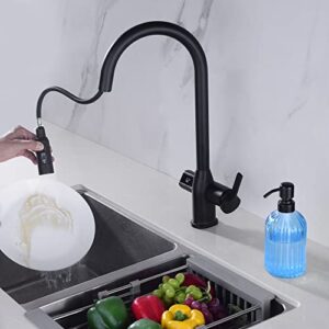 Leetcp LED Kitchen Faucet with Temperature Digital Display,Solid Brass Kitchen Sink Faucets with Pull Down Sprayer and 3 Modes,360 Rotatable Pull Down Kitchen Faucet,Matte Black