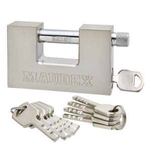 maudex® mdp/90 heavy duty lock with 10 keys for outdoor use [nickel plated finish] - [anti pick, anti drill cylinder] - ideal storage unit and shipping container lock