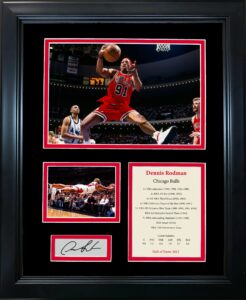 framed dennis rodman hall of fame facsimile laser engraved signature auto chicago bulls basketball 12"x15" photo collage