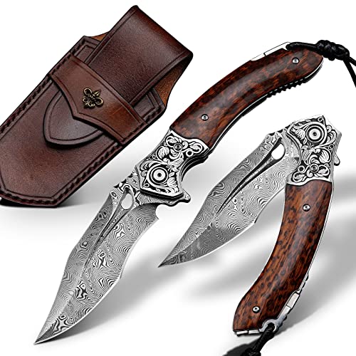 SPIRIT DEED Japanese VG 10 Damascus Steel Folding Knife, Outdoor Wilderness Survival Pocket Knife, Snake Wood Handle Lined Lock, Leather Sheath, EDC Pocket Knife