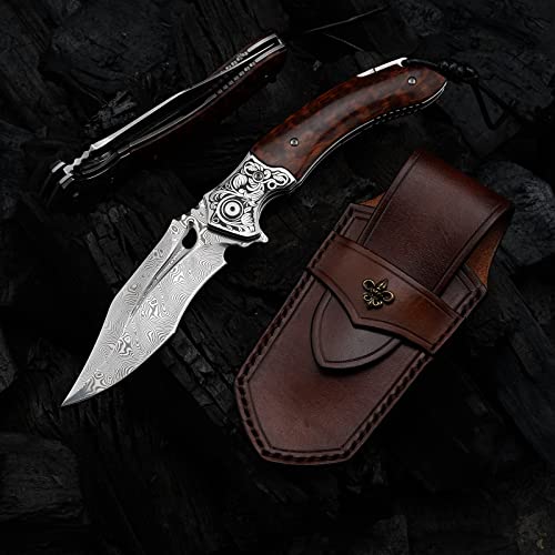 SPIRIT DEED Japanese VG 10 Damascus Steel Folding Knife, Outdoor Wilderness Survival Pocket Knife, Snake Wood Handle Lined Lock, Leather Sheath, EDC Pocket Knife