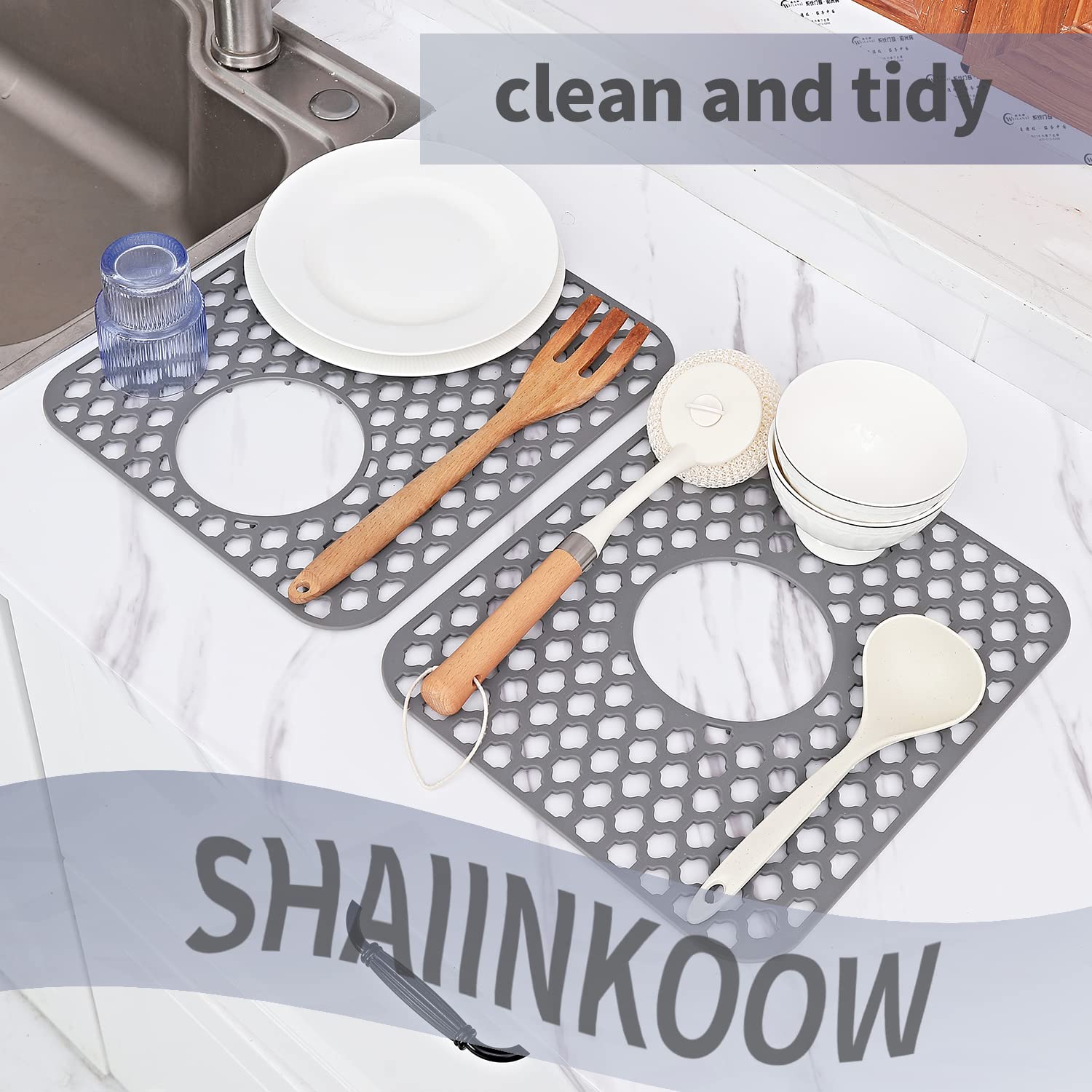 SHAIINKOOW Silicone Kitchen Sink Mat, Kitchen Sink Protector, Silicone Sink Protectors for Kitchen Sink, Kitchen Sink Mats, Sink Mats for Bottom of Kitchen Sink, (13.6" X 11.6", Centre Drain, Black)