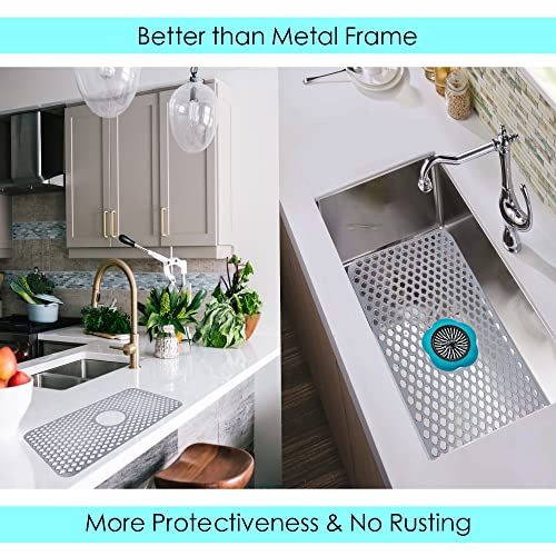 Tisnveky Silicone Sink Protectors for Kitchen [1 Pack] [24.8'' x 13''], Grey Sink Mat Grid for Bottom of Farmhouse Stainless Steel Porcelain Sink with Center Drain