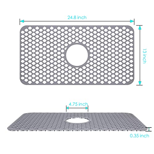 Tisnveky Silicone Sink Protectors for Kitchen [1 Pack] [24.8'' x 13''], Grey Sink Mat Grid for Bottom of Farmhouse Stainless Steel Porcelain Sink with Center Drain