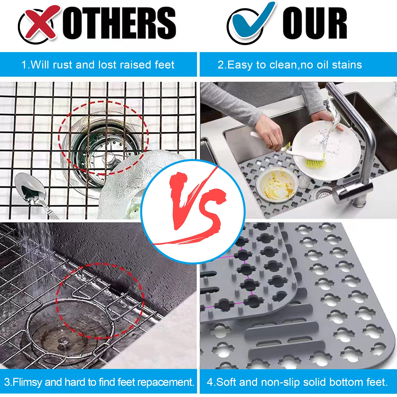 ZHAO Silicone Sink Mats Sink Protectors with Drain Holes Kitchen Sink Mat Grid Accessory Grey Sink Mats for Bottom of Kitchen for Farmhouse Stainless Steel Porcelain Sink 25"x13"