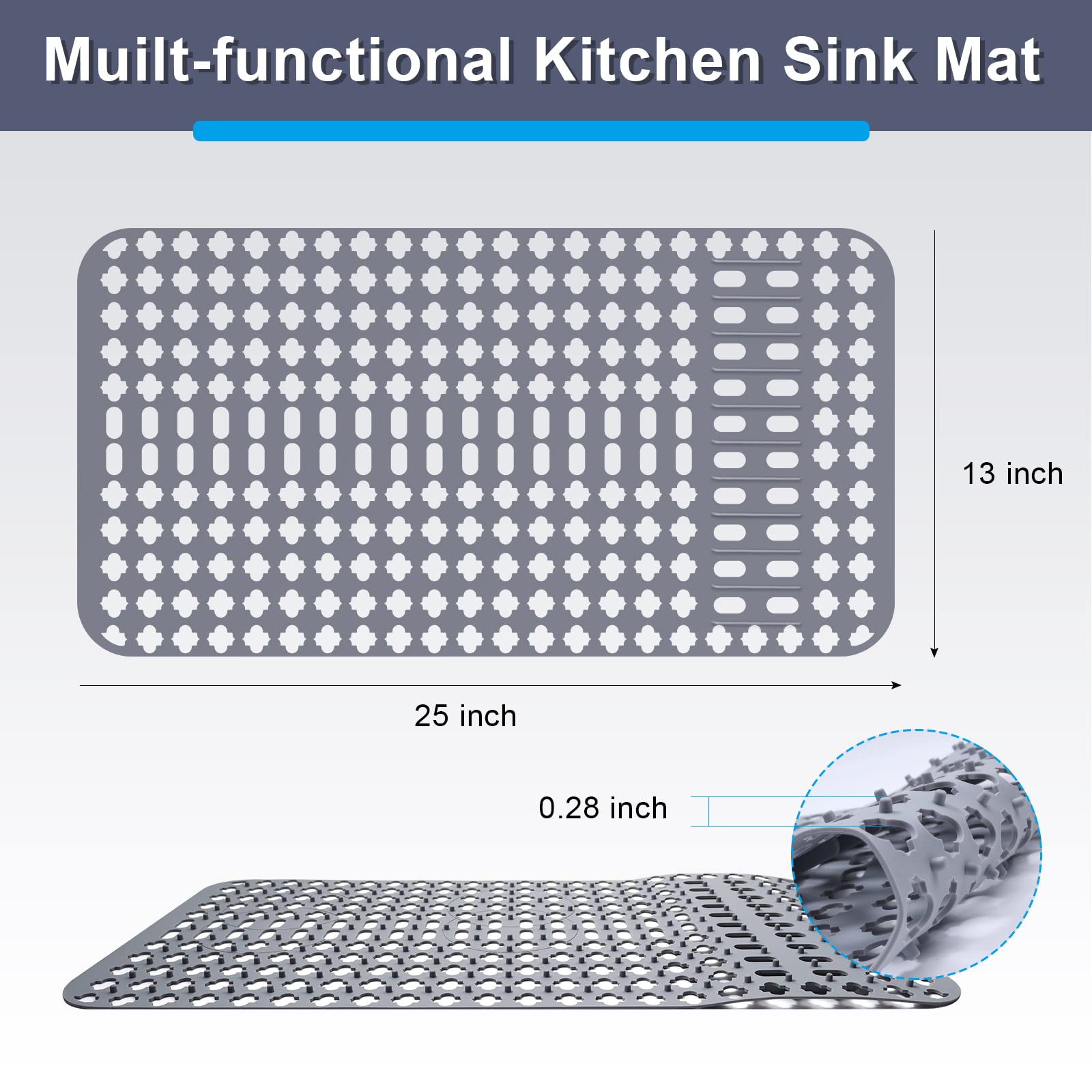 ZHAO Silicone Sink Mats Sink Protectors with Drain Holes Kitchen Sink Mat Grid Accessory Grey Sink Mats for Bottom of Kitchen for Farmhouse Stainless Steel Porcelain Sink 25"x13"