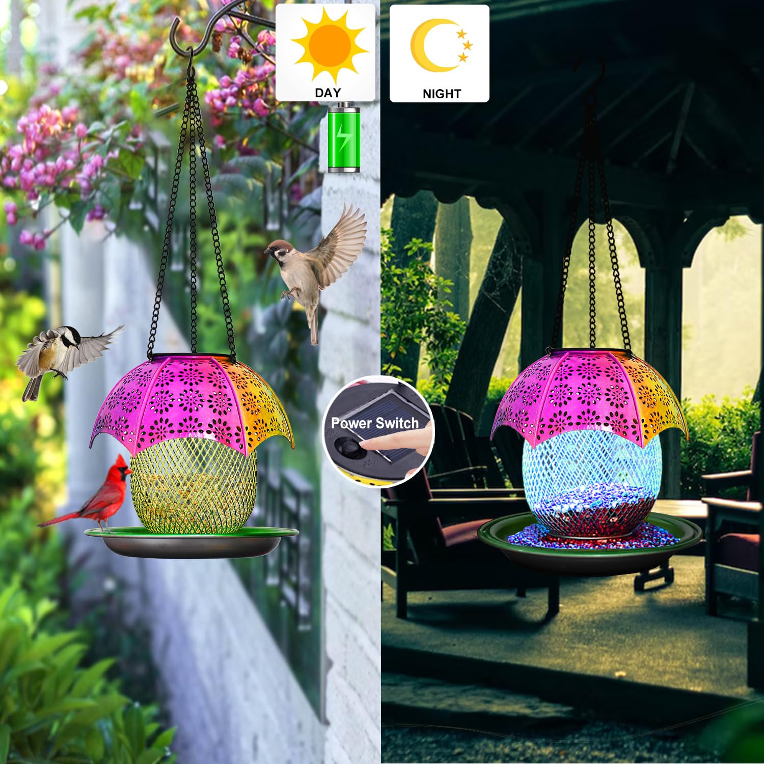 2023 New Solar Bird Feeders - Outdoors Hanging with Automatic Color Changing LED Lights, Metal Wild Bird Feeders Provides 2.5LBs Capacity, Hanging Bird Feeder Makes an Ideal Gifts for Bird Lovers.
