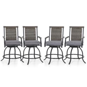 phi villa 4 pcs outdoor bar chairs (24" seat height) with rattan backrest, counter height patio chair with 3.5" padded grey cushion,all weather for garden,yard,lawn