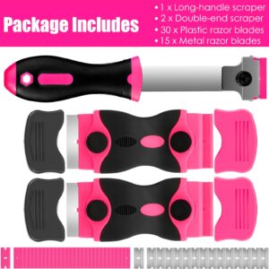 Razor Blade Scraper, THINKWORK 3Pcs Pink Razor Scrapers with 15pcs Metal and 30pcs Plastic Blades, Scraper Tool for Cleaning Paint, Decals, Adhesive, Caulk, Stickers, Glass, Labels, Window, Stovetop
