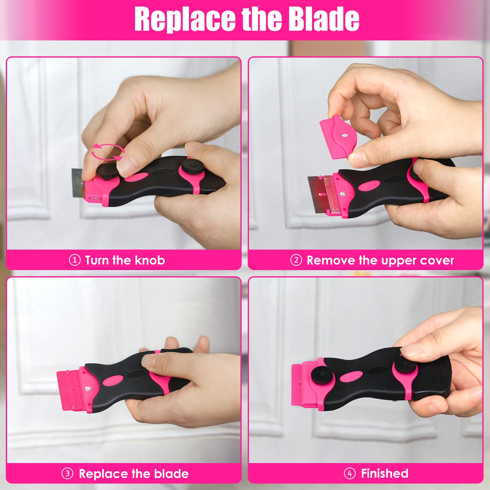 Razor Blade Scraper, THINKWORK 3Pcs Pink Razor Scrapers with 15pcs Metal and 30pcs Plastic Blades, Scraper Tool for Cleaning Paint, Decals, Adhesive, Caulk, Stickers, Glass, Labels, Window, Stovetop