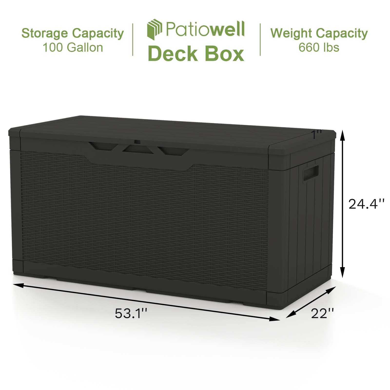 Patiowell 100 Gallon Outdoor Resin Deck Box, Waterproof Large Storage Box for Patio Furniture, Pool Accessories, Toys, Garden Tools and Sports Equipment, Lockable, Black