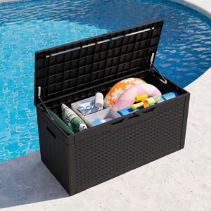Patiowell 100 Gallon Outdoor Resin Deck Box, Waterproof Large Storage Box for Patio Furniture, Pool Accessories, Toys, Garden Tools and Sports Equipment, Lockable, Black