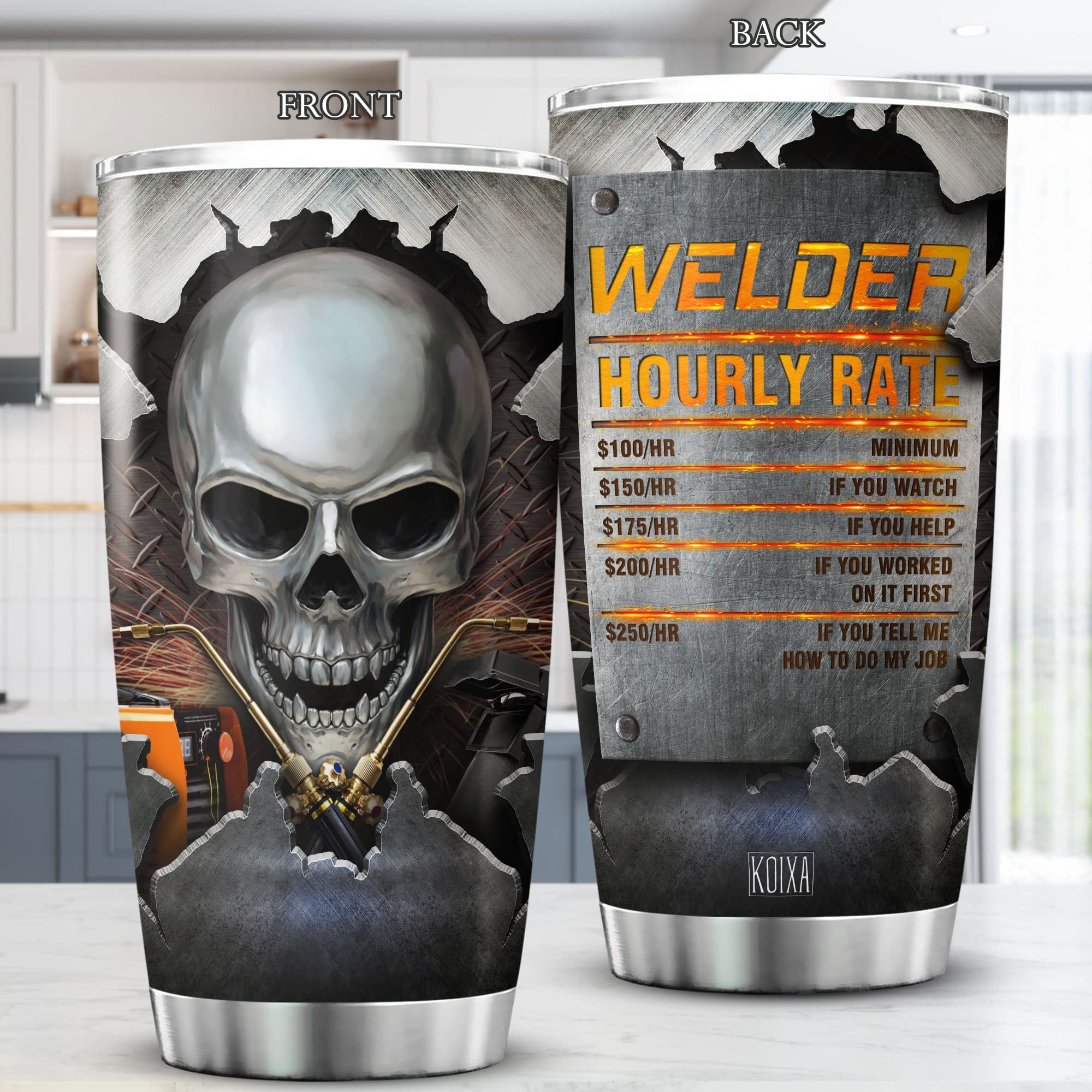 KOIXA Skull Tumbler Welder Hourly Rate Coffee Travel Mug 20oz Skull Themed Things For Welders Stainless Steel Insulated Cup Unique Gifts For Men From Girlfriend Funny Gag Gift