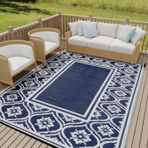 hugear rv outdoor rug waterproof mat outdoor rugs 6'x9' for patios clearance carpet outdoor camping rugs large plastic straw rug (lantern navy blue&white)