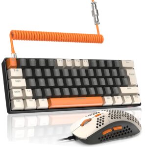 lexonelec t60pro 60% mechanical keyboard and mouse combo+coiled usb c cable, compact rgb led backlit keyboard, clicky blue switch, 6400 dpi programmable rgb mouse for pc mac gamer(gray&orange)