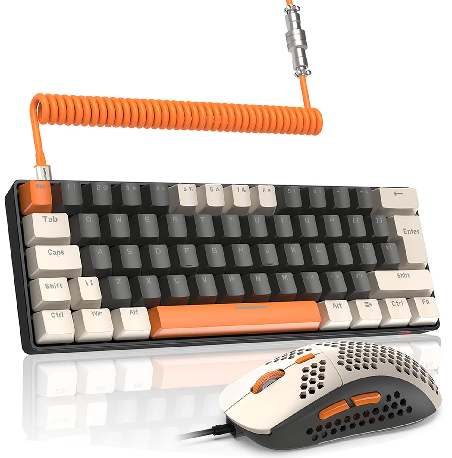 LexonElec T60PRO 60% Mechanical Keyboard and Mouse Combo+Coiled USB C Cable, Compact RGB LED Backlit Keyboard, Clicky Blue Switch, 6400 DPI Programmable RGB Mouse for PC Mac Gamer(Gray&Orange)