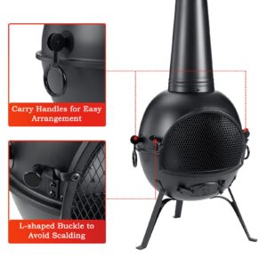 SINGLYFIRE Prairie Fire Outdoor Chiminea Fireplace Deck or Patio Backyard Wooden Fire Pit with Chiminea Cover Rust-Free Iron Black