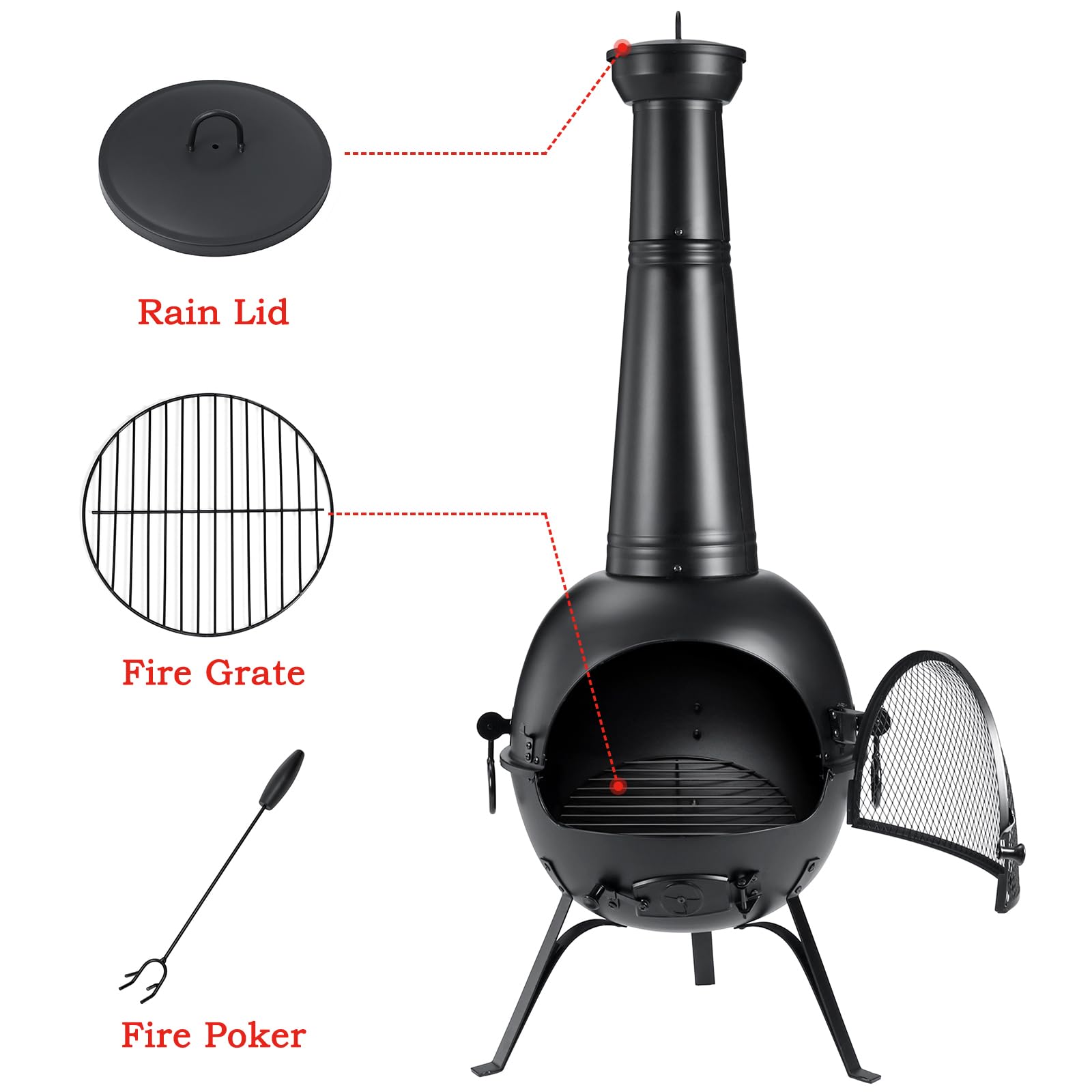 SINGLYFIRE Prairie Fire Outdoor Chiminea Fireplace Deck or Patio Backyard Wooden Fire Pit with Chiminea Cover Rust-Free Iron Black