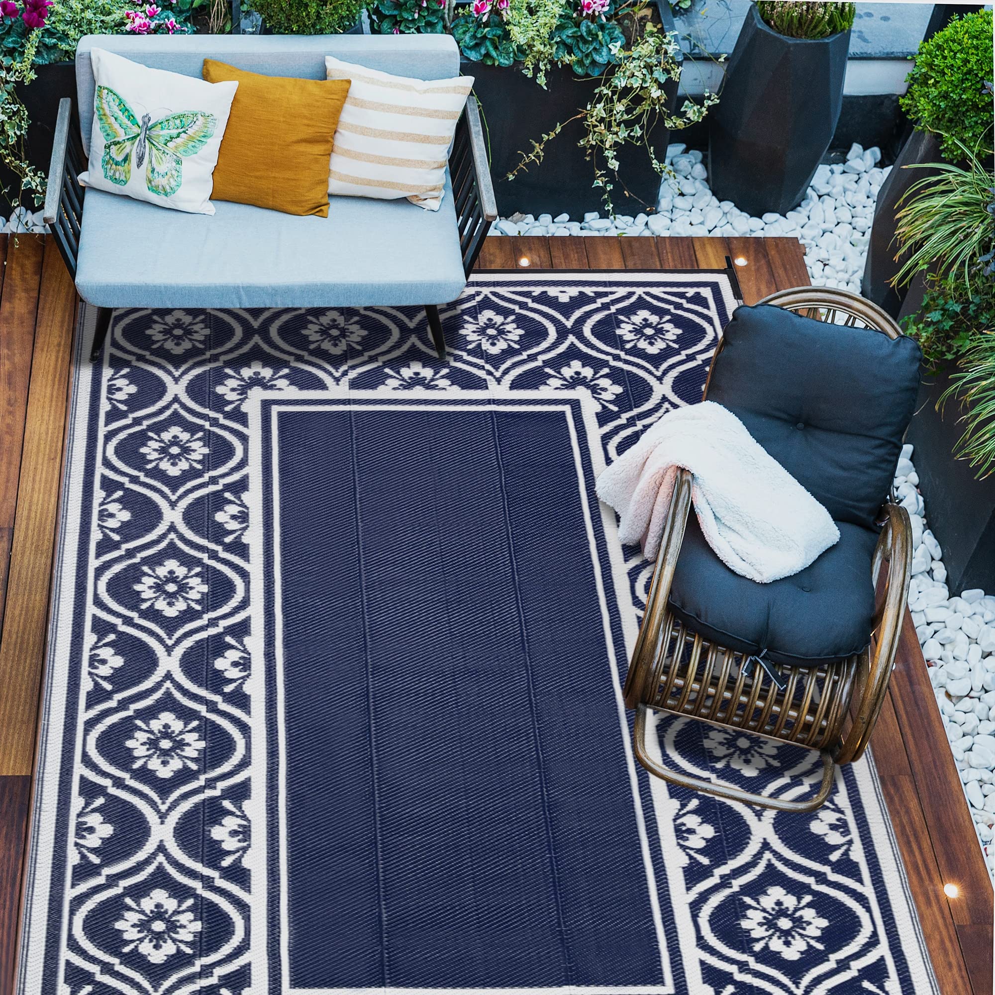 HUGEAR RV Outdoor Rug Waterproof Mat Outdoor Rugs 9'x12' for Patios Clearance Carpet Outdoor Camping Rugs Large Plastic Straw Rug (9x12ft Lantern Navy Blue&White)