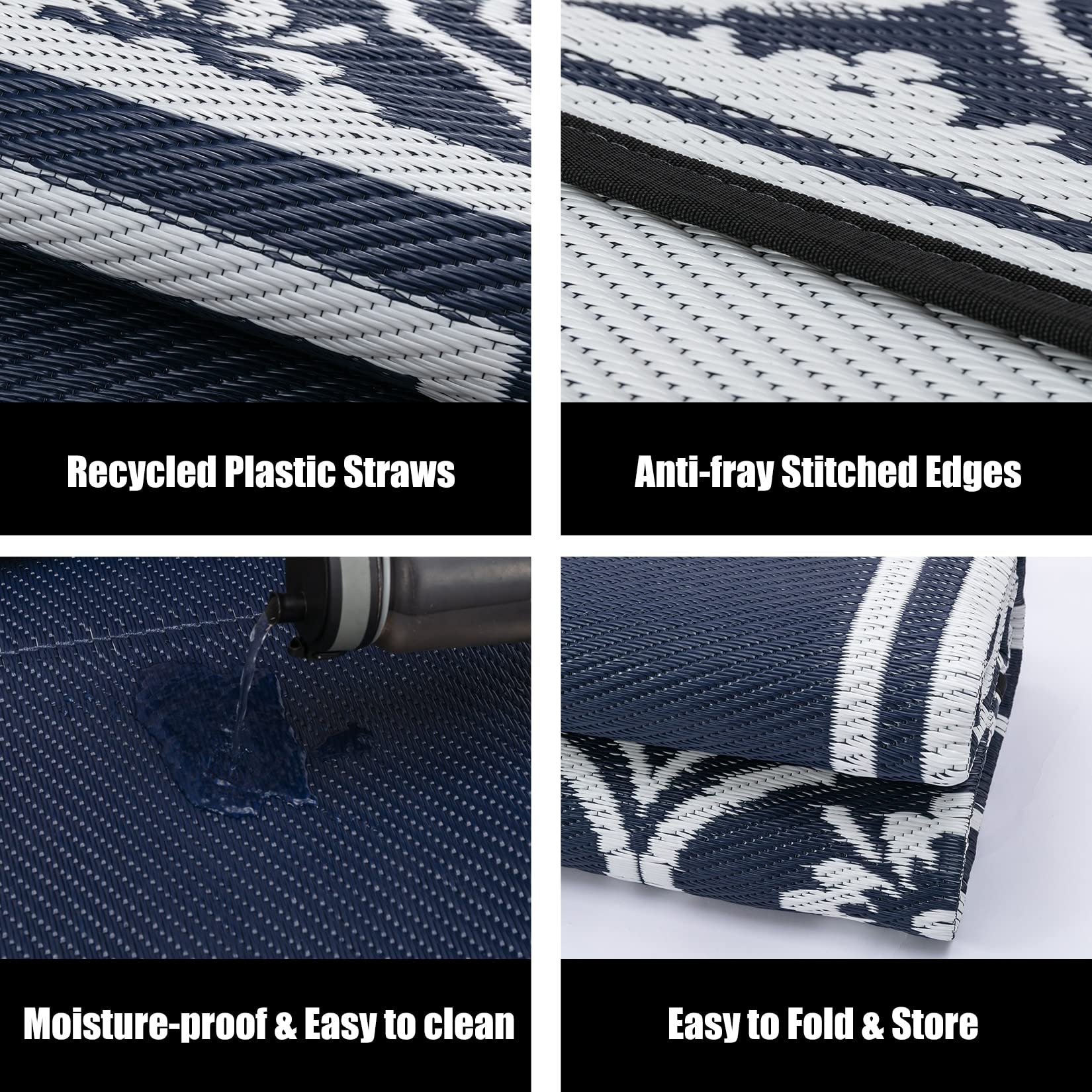 HUGEAR RV Outdoor Rug Waterproof Mat Outdoor Rugs 9'x12' for Patios Clearance Carpet Outdoor Camping Rugs Large Plastic Straw Rug (9x12ft Lantern Navy Blue&White)