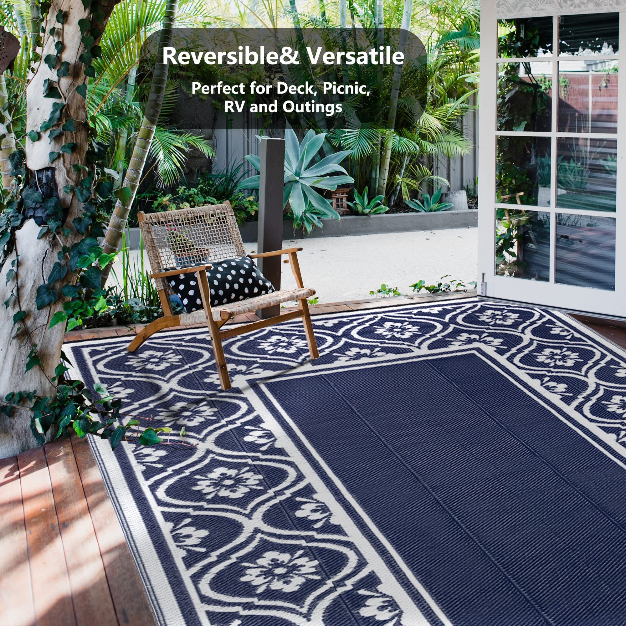 HUGEAR RV Outdoor Rug Waterproof Mat Outdoor Rugs 9'x12' for Patios Clearance Carpet Outdoor Camping Rugs Large Plastic Straw Rug (9x12ft Lantern Navy Blue&White)
