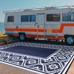 HUGEAR RV Outdoor Rug Waterproof Mat Outdoor Rugs 9'x12' for Patios Clearance Carpet Outdoor Camping Rugs Large Plastic Straw Rug (9x12ft Lantern Navy Blue&White)