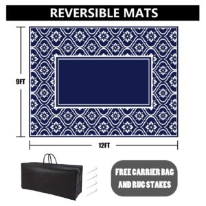 HUGEAR RV Outdoor Rug Waterproof Mat Outdoor Rugs 9'x12' for Patios Clearance Carpet Outdoor Camping Rugs Large Plastic Straw Rug (9x12ft Lantern Navy Blue&White)