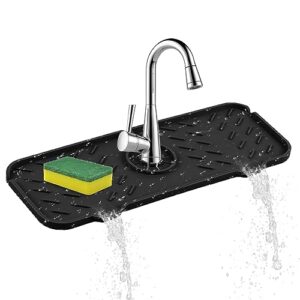 silicone faucet mat for kitchen, sink splash guard, sink draining pad behind faucet, kitchen sink accessories, faucet absorbent mat, bathroom faucet water catcher mat (black (15.4" x 5.9"))