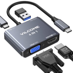 usb c to vga adapter multiport, vilcome usb type c to hdmi adapter, 4 in 1 usb c hub converter, thunderbolt 3 to hdmi 4k, vga 1080p, usb 3.0, 100w pd port for macbook ipad pro/air dell xps
