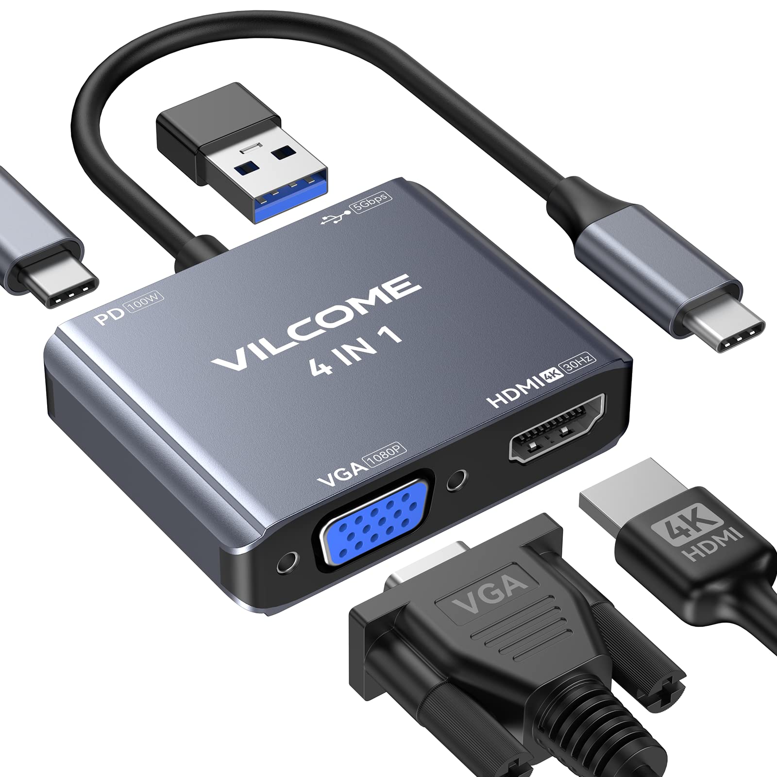 USB C to VGA Adapter Multiport, Vilcome USB Type C to HDMI Adapter, 4 in 1 USB C Hub Converter, Thunderbolt 3 to HDMI 4K, VGA 1080P, USB 3.0, 100W PD Port for MacBook ipad Pro/Air Dell XPS