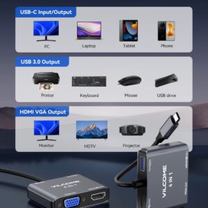 USB C to VGA Adapter Multiport, Vilcome USB Type C to HDMI Adapter, 4 in 1 USB C Hub Converter, Thunderbolt 3 to HDMI 4K, VGA 1080P, USB 3.0, 100W PD Port for MacBook ipad Pro/Air Dell XPS