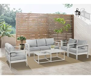 solaste aluminum outdoor patio furniture set, metal outside patio furniture conversation sets with nesting coffee table, outdoor seating set with 5” olefin cushions for backyard deck lawn, white