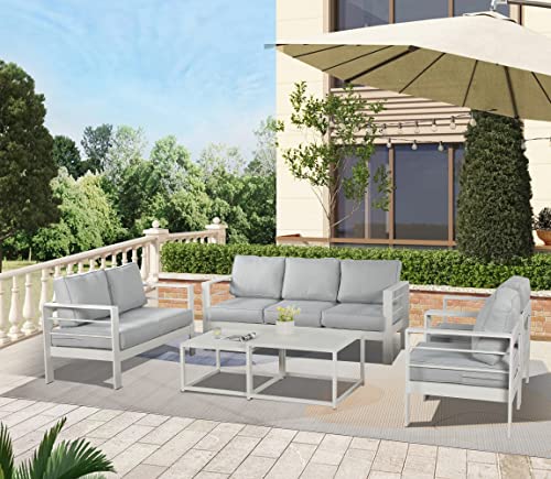 Solaste Aluminum Outdoor Patio Furniture Set, Metal Outside Patio Furniture Conversation Sets with Nesting Coffee Table, Outdoor Seating Set with 5” Olefin Cushions for Backyard Deck Lawn, White