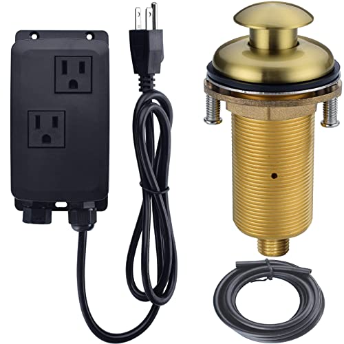 TRUSTMI Garbage Disposal Air Switch Kit Long Brass Kitchen Sink Top Waste Disposer On/Off Button with Dual Outlet Socket Power Module, Brushed Gold