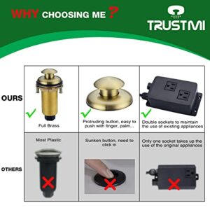 TRUSTMI Garbage Disposal Air Switch Kit Long Brass Kitchen Sink Top Waste Disposer On/Off Button with Dual Outlet Socket Power Module, Brushed Gold