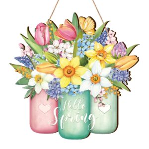 spring flower door sign spring door decor hello spring sign welcome sign for front door colorful wooden spring hanging decorations for home indoor outdoor farmhouse porch decor (jar)