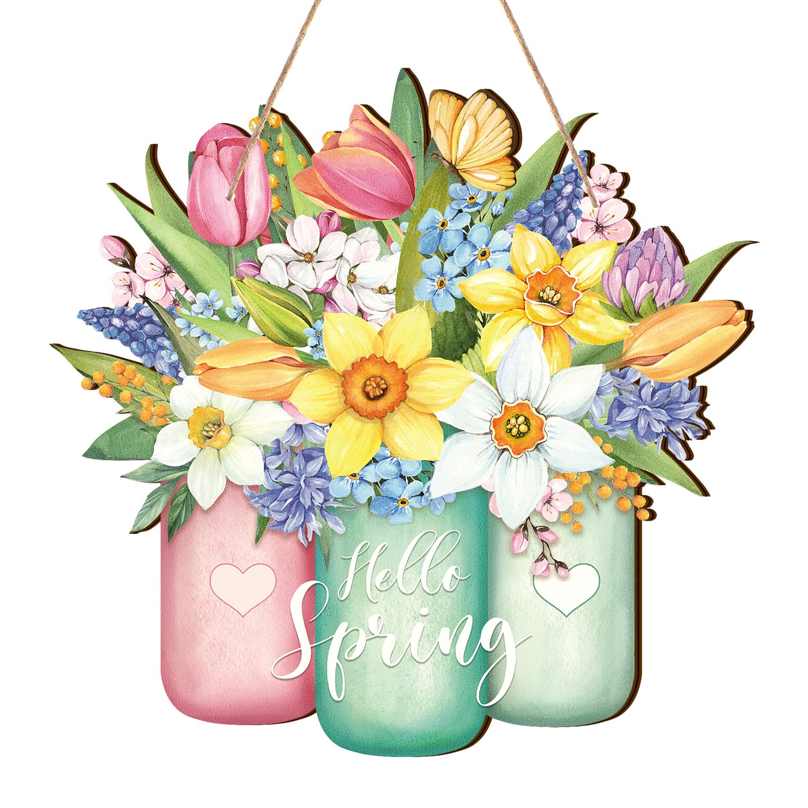 Spring Flower Door Sign Spring Door Decor Hello Spring Sign Welcome Sign for Front Door Colorful Wooden Spring Hanging Decorations for Home Indoor Outdoor Farmhouse Porch Decor (Jar)