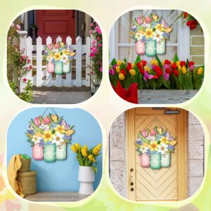 Spring Flower Door Sign Spring Door Decor Hello Spring Sign Welcome Sign for Front Door Colorful Wooden Spring Hanging Decorations for Home Indoor Outdoor Farmhouse Porch Decor (Jar)